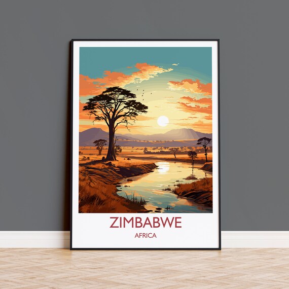 Zimbabwe Travel Poster, Sunset Africa Wall Art
