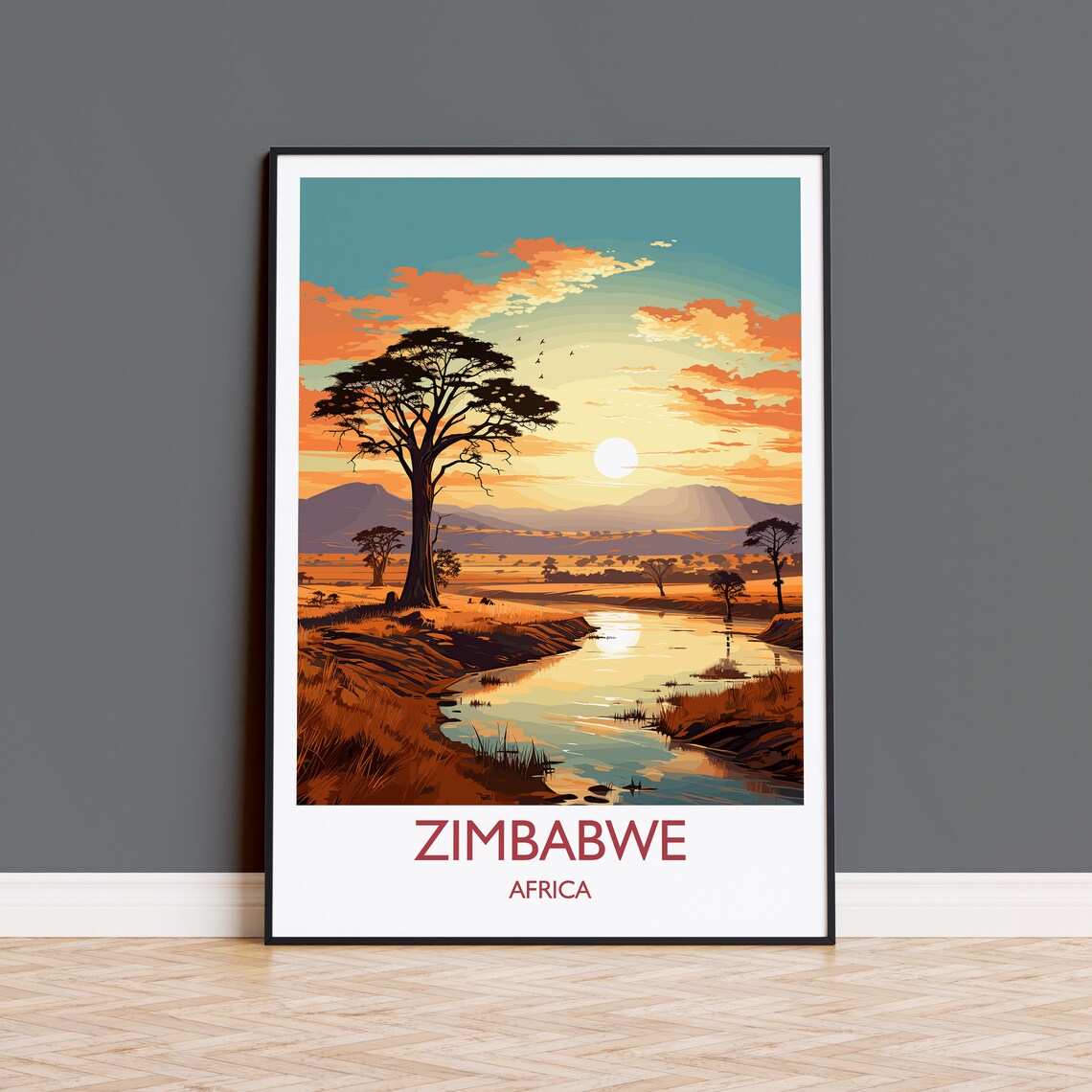 Zimbabwe Travel Poster, Sunset Africa Wall Art