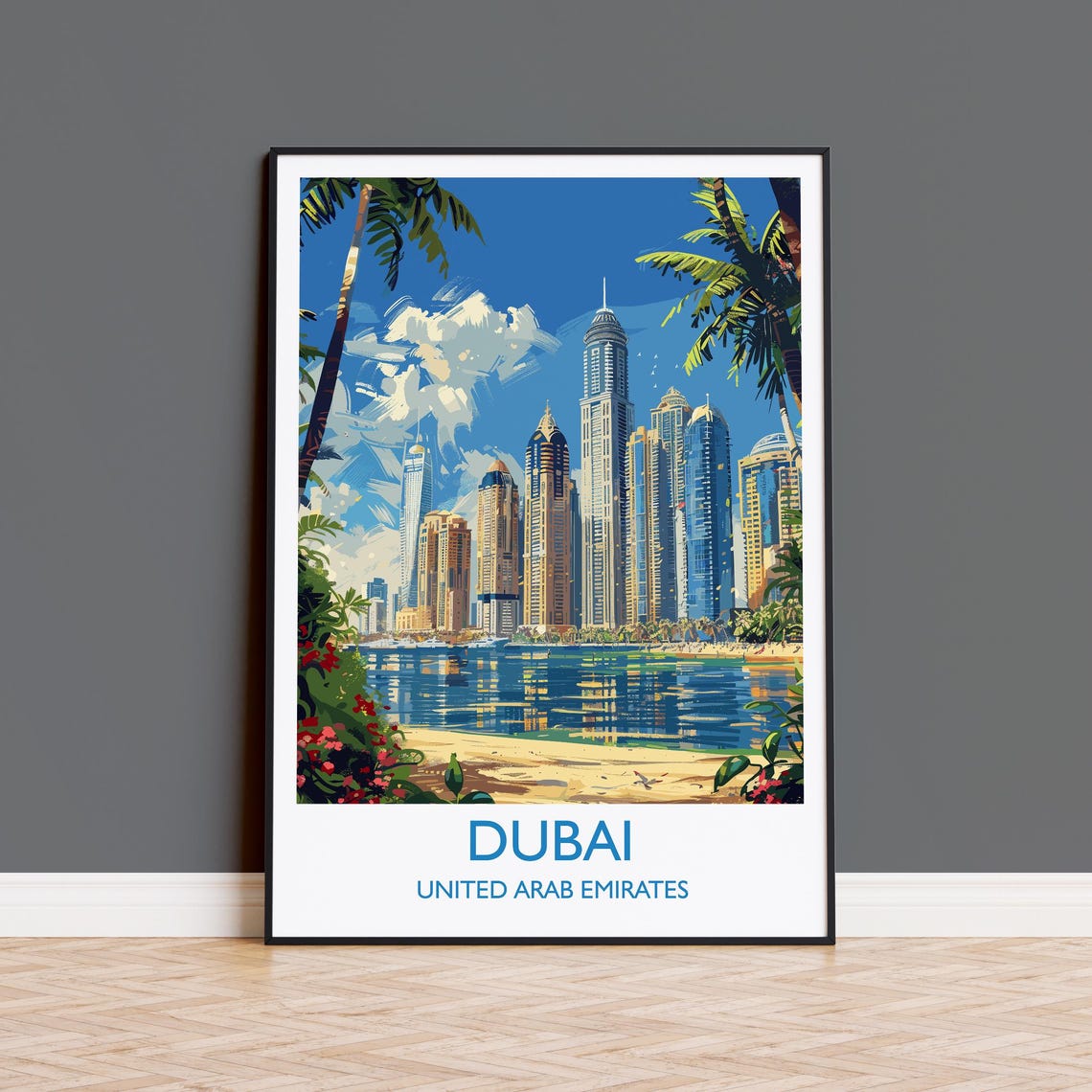 Dubai Marina Skyline Palm Beach Towers Travel Poster Bordered