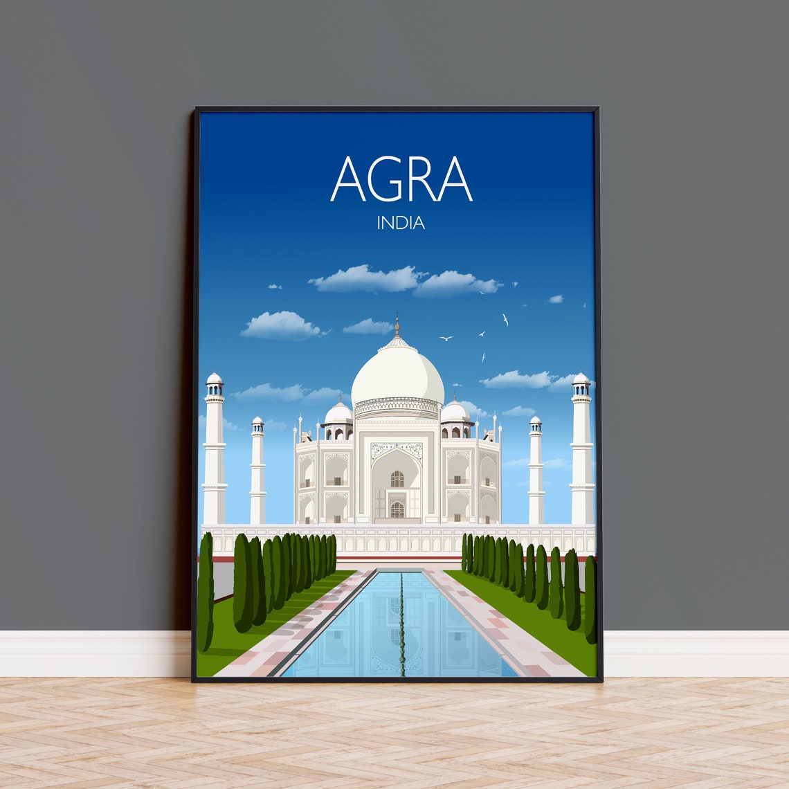 Agra India Taj Mahal Daytime Reflecting Pool Frontal View Poster