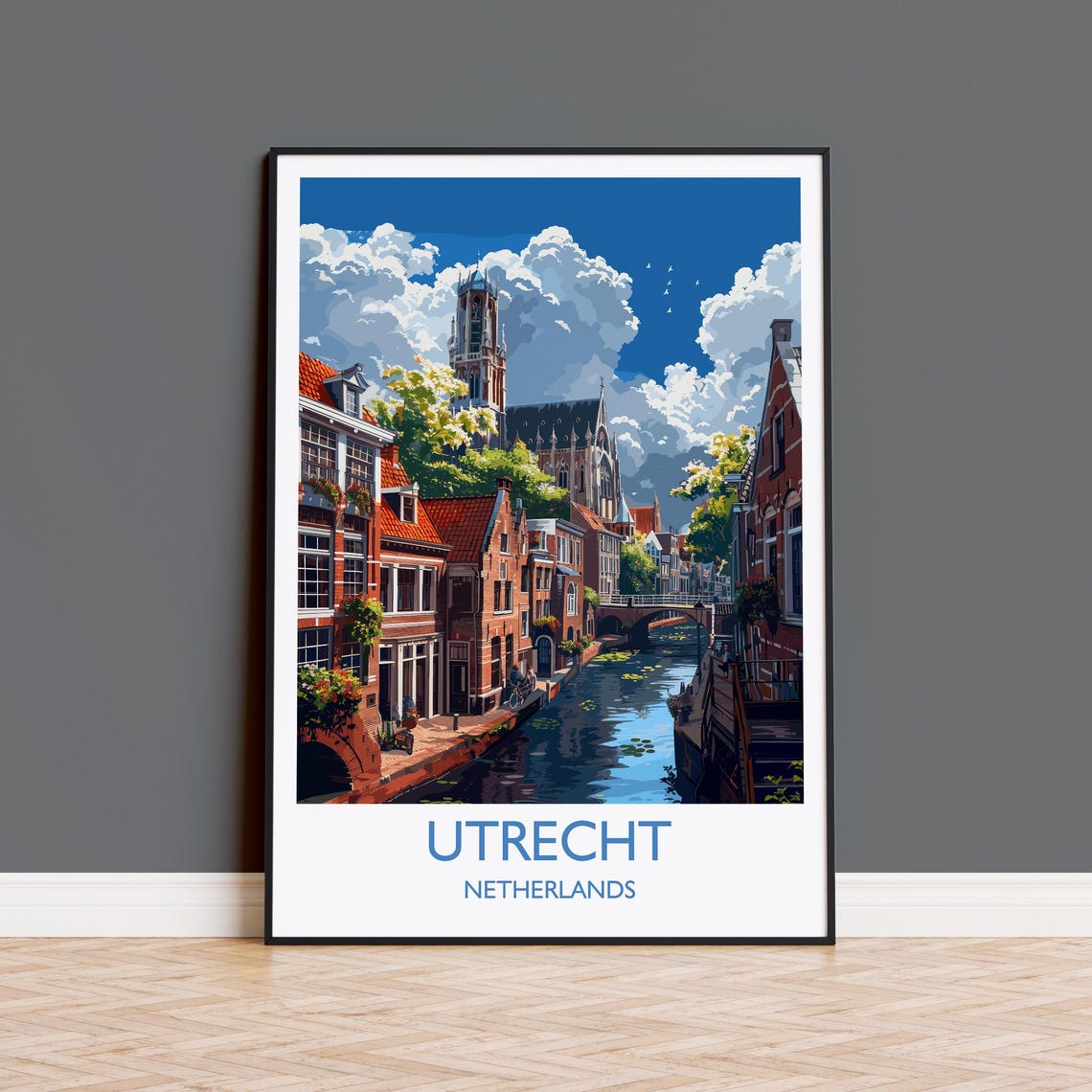 Utrecht Netherlands Canal Scene Travel Poster With Title Caption