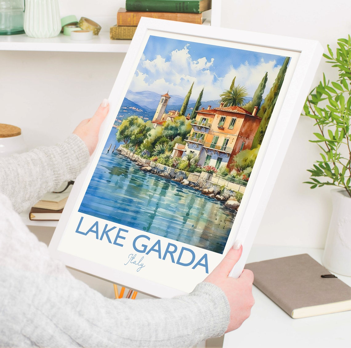Lake Garda Italy Lakeside Villa Cypress Garden Watercolor Poster - Image 5