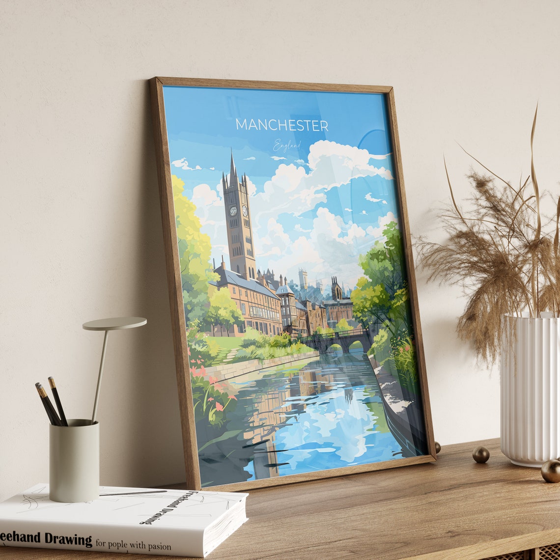 Manchester England Historic Clock Tower Canal Reflection Poster - Image 2