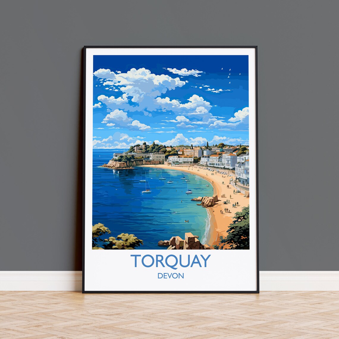 Torquay Devon Sandy Beach Bay Sailboats Seaside Town Travel Poster