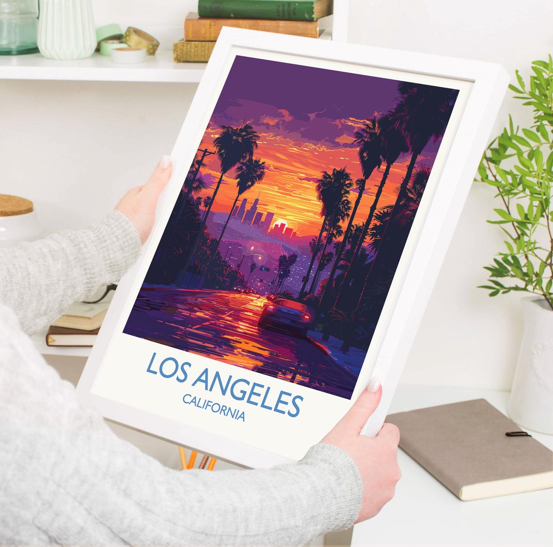 Los Angeles Sunset Palm Lined Street White Border Travel Poster - Image 3
