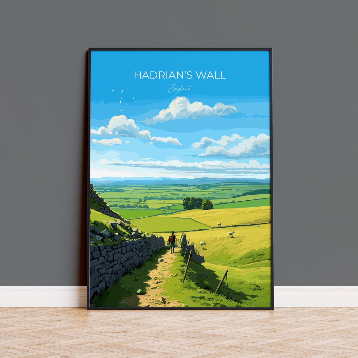 Hadrians Wall England Roman Countryside Path Illustrated Poster