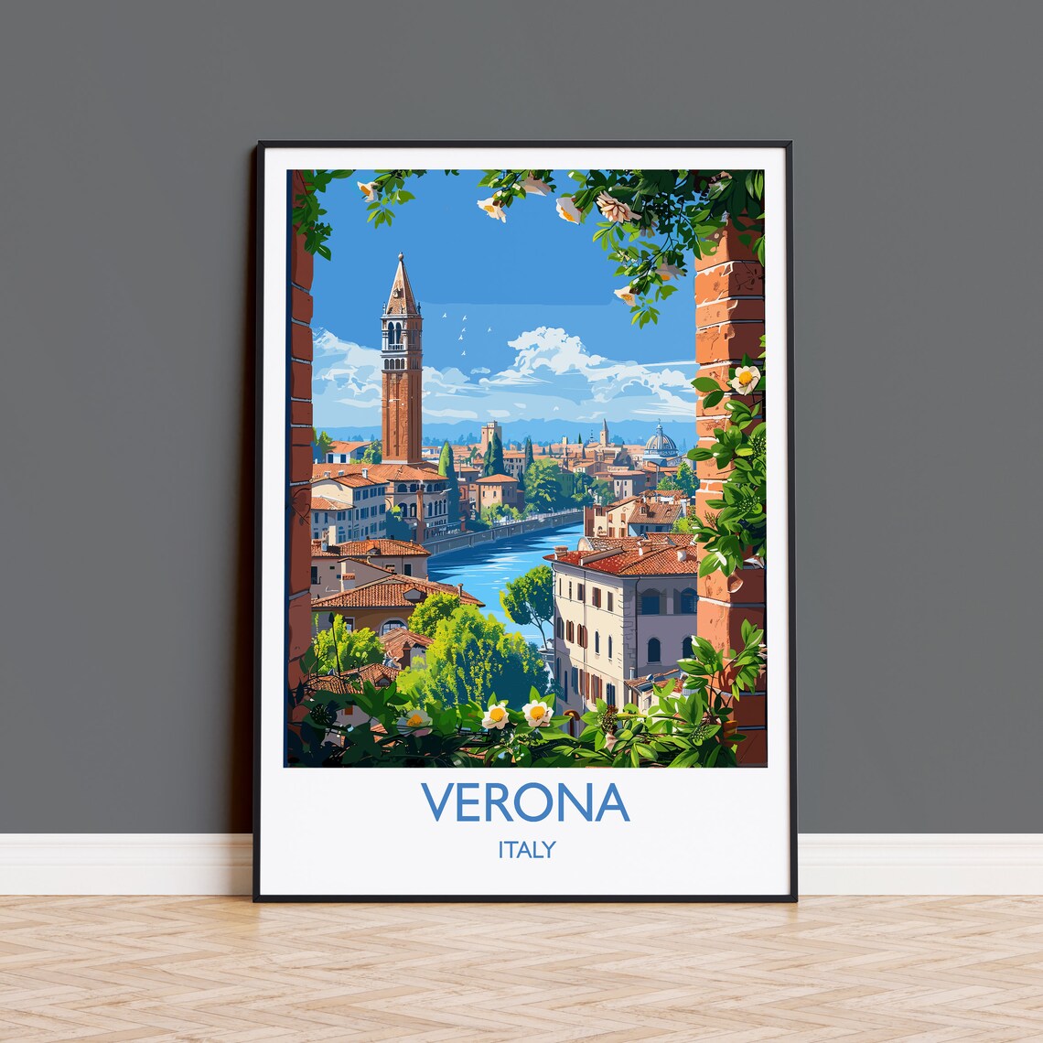 Verona Italy Bell Tower Archway Vine Framed View Travel Print