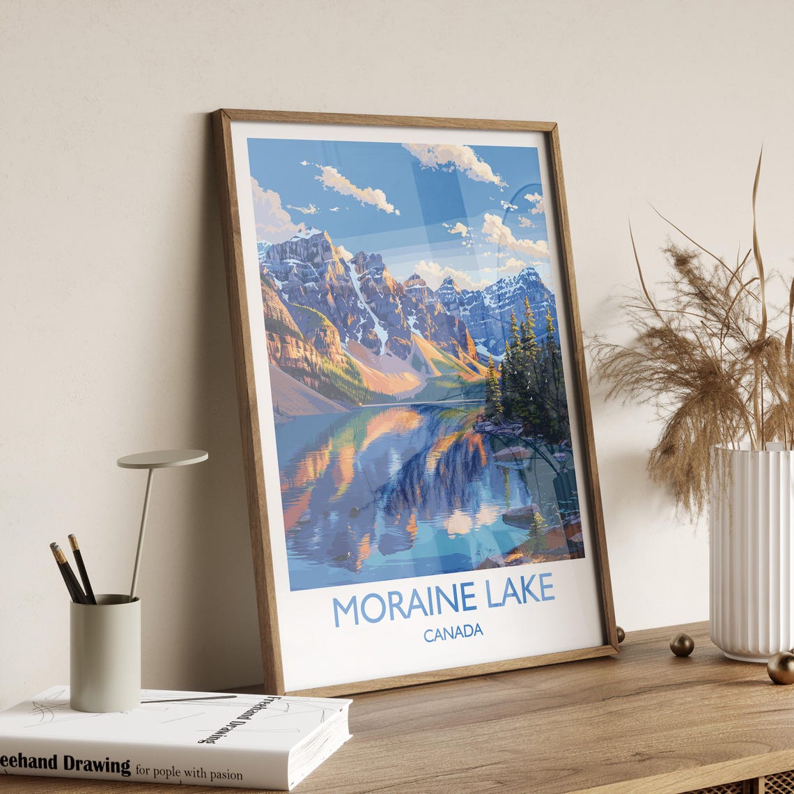Moraine Lake Canada Sunset Alpenglow Reflection White Border Poster - Image 2