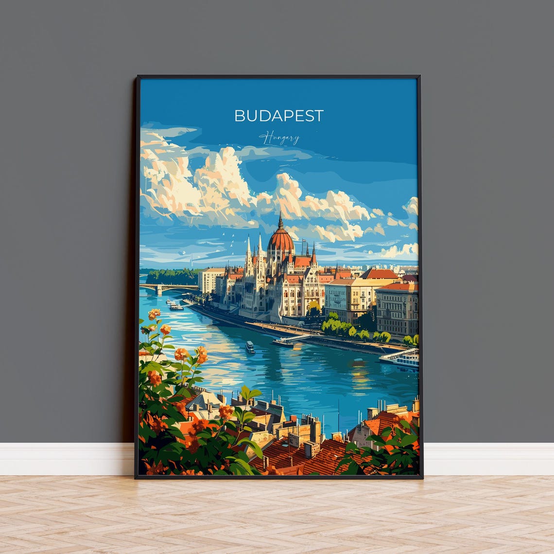 Budapest Parliament Riverside Promenade Top Lettering Poster