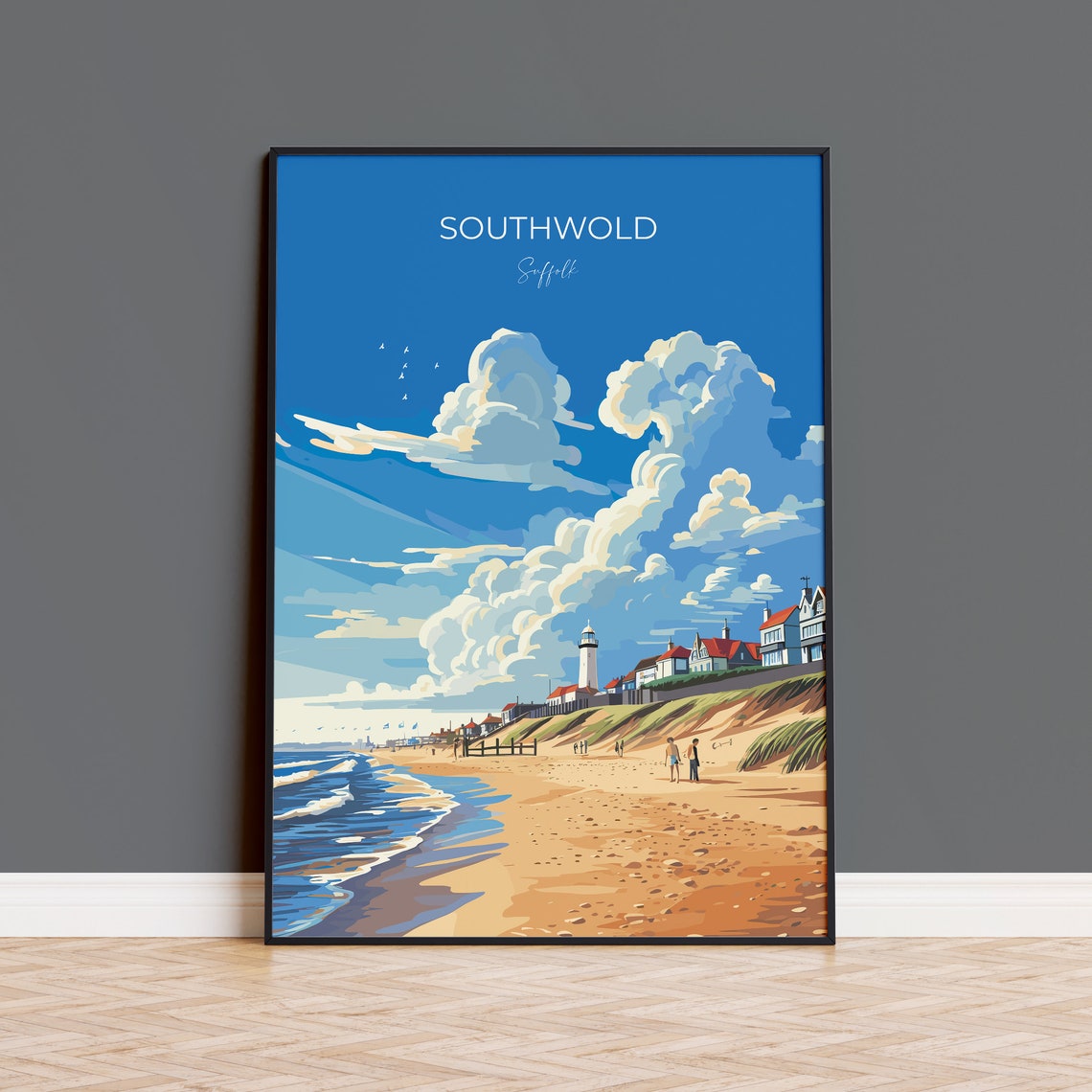 Sunny Southwold Suffolk Beach Lighthouse Scenic Travel Poster