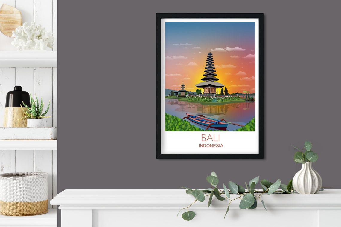 Bali Indonesia Lake Temple Sunset Canoe Reflection Scene Poster - Image 3
