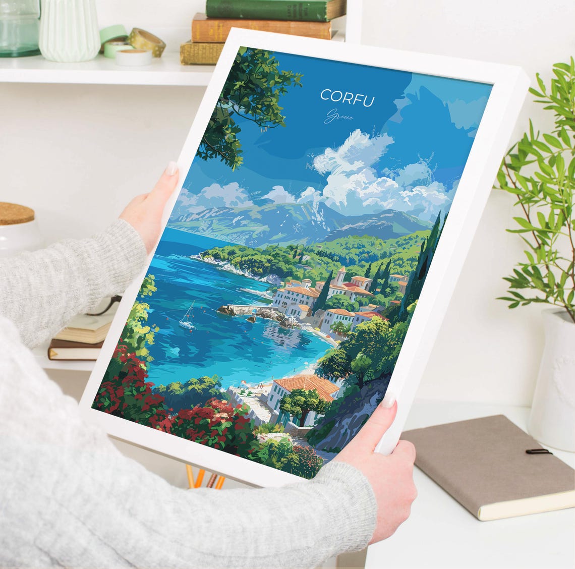 Corfu Greece Coastal Village Bay Top Lettering Travel Poster - Image 3