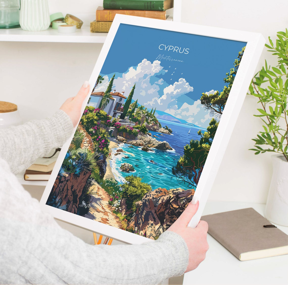 Cyprus Mediterranean Villa Path Down to Rocky Cove Beach Travel Poster - Image 3