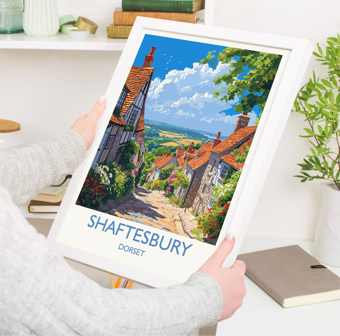 Shaftesbury Dorset Gold Hill Cobbles Stone Cottages Valley View Poster - Image 5