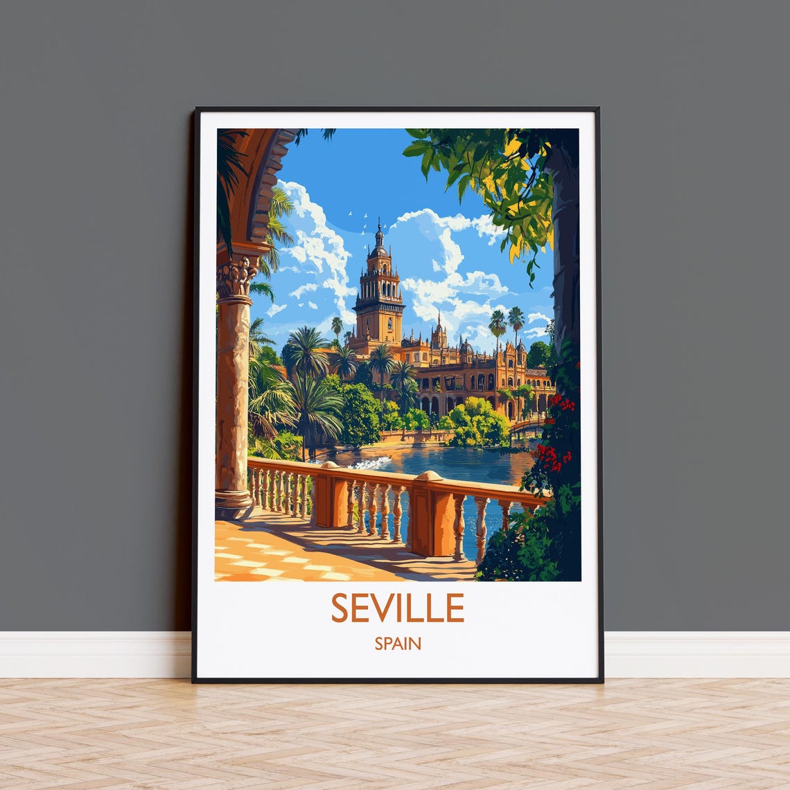 Seville Plaza de Espana Canal Palms Classic Travel Banner Poster