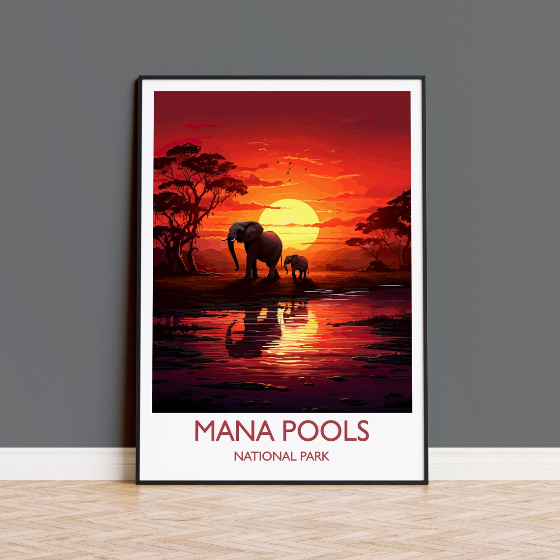Mana Pools National Park Sunset Elephant Africa Safari Art Poster