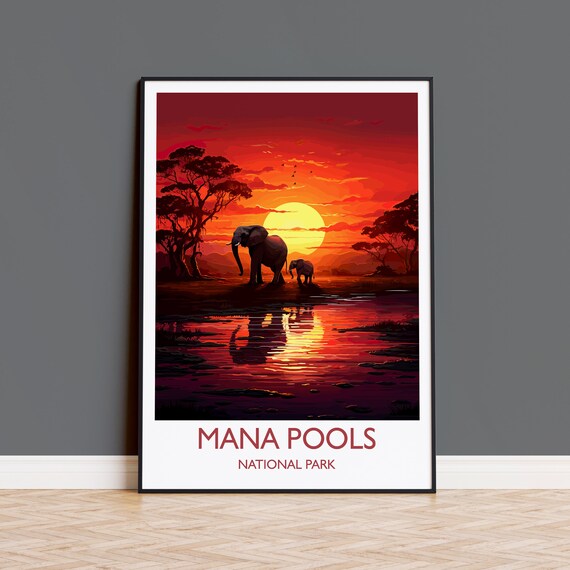 Mana Pools National Park Sunset Elephant Africa Safari Art Poster
