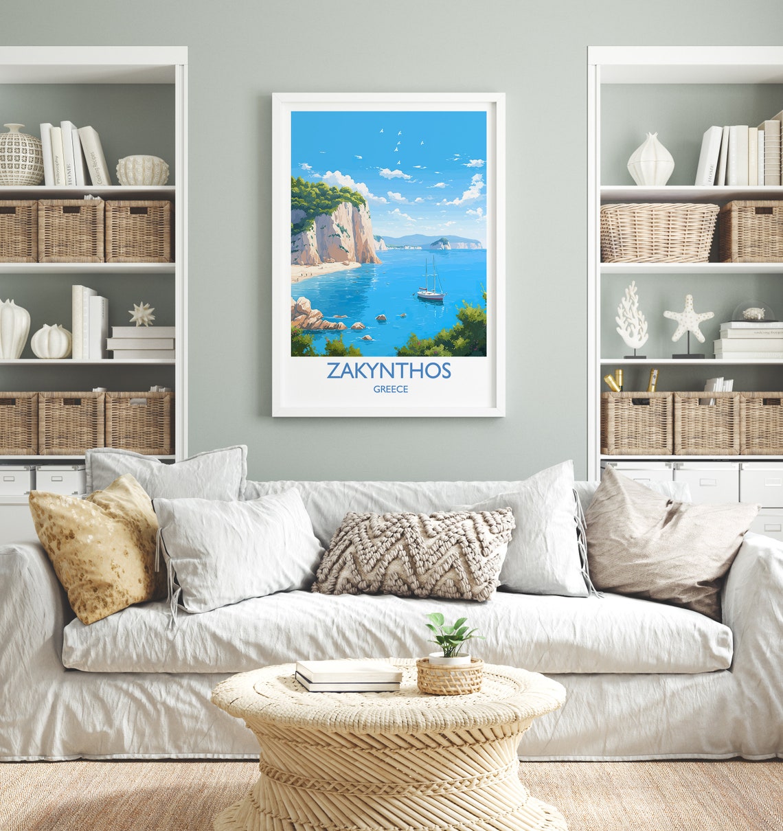 Zakynthos Greece Turquoise Bay Cliffs Sailboat Island Travel Poster - Image 4