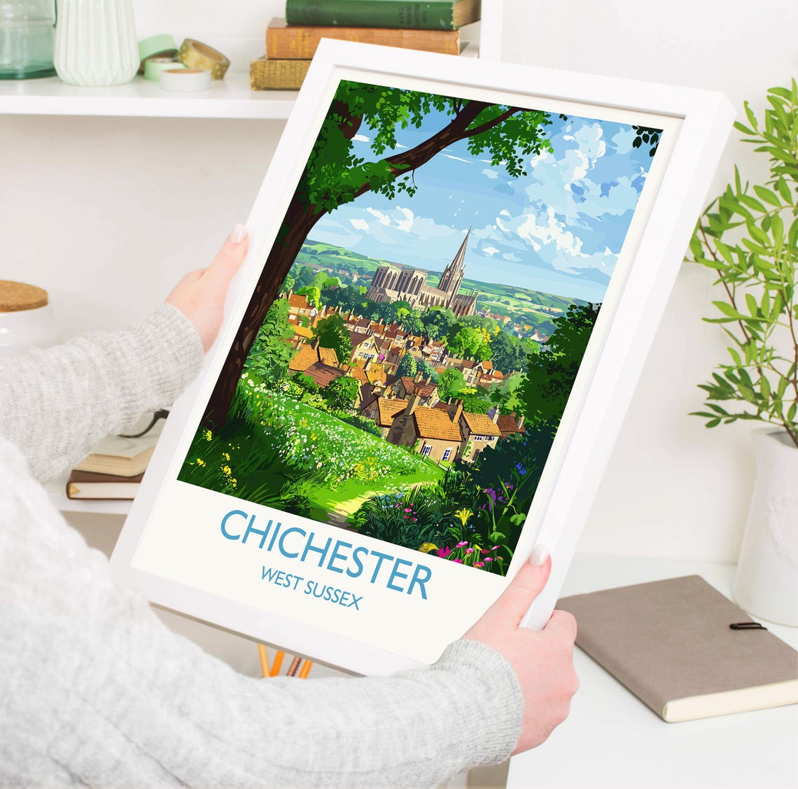 Chichester Cathedral Town Panorama Poster With White Border Art - Image 3