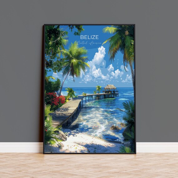 Belize Tropical Beach Pier Palapa Hut Over Clear Water Travel Poster