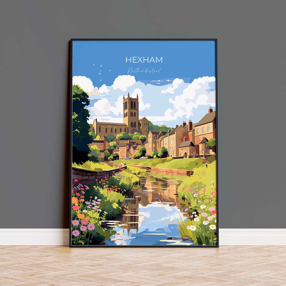 Hexham Northumberland Abbey Riverside Wildflowers Artwork Poster