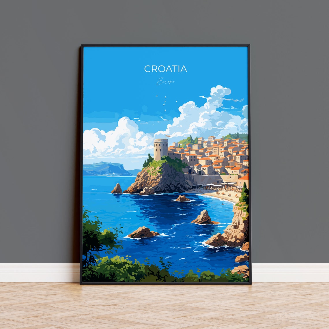 Croatia Cliffside Old Town Adriatic Coast Stone Towers Poster