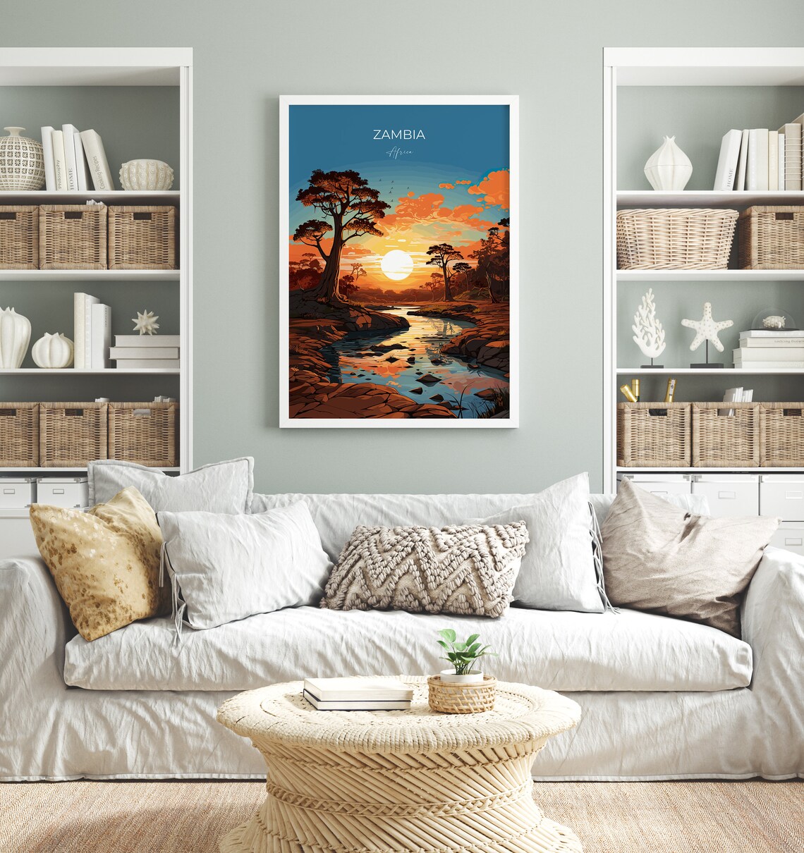 Zambia Africa Sunset River Acacia Tree Vintage Travel Poster - Image 4