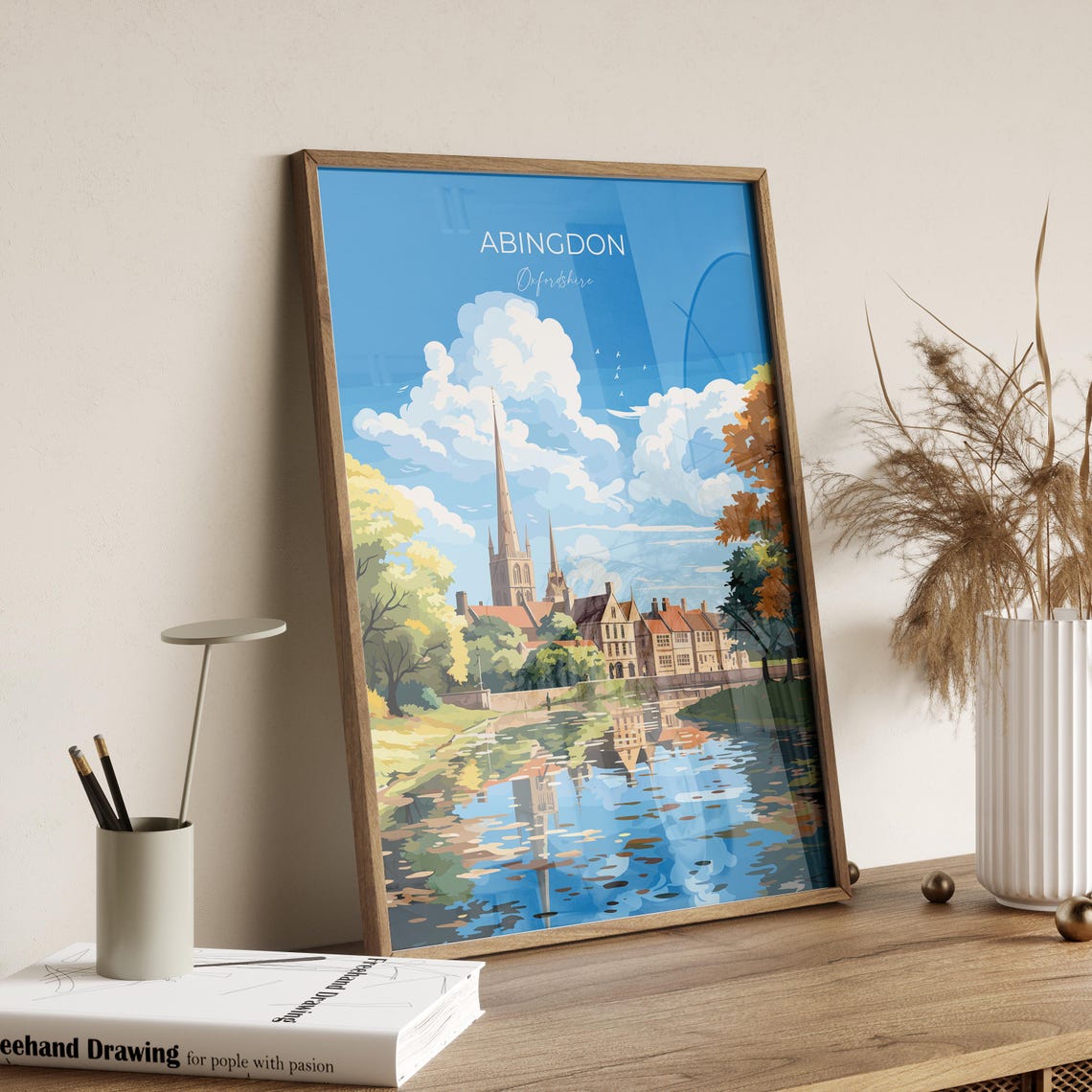 Abingdon Oxfordshire Spire Reflection Autumn Riverside Travel Poster - Image 3