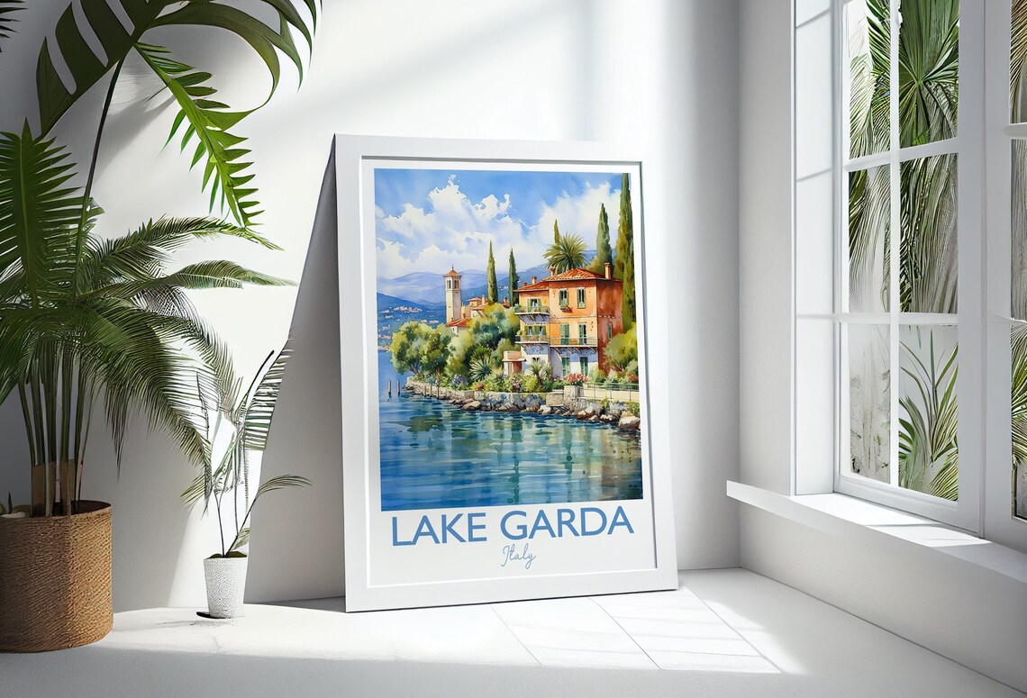 Lake Garda Italy Lakeside Villa Cypress Garden Watercolor Poster - Image 3