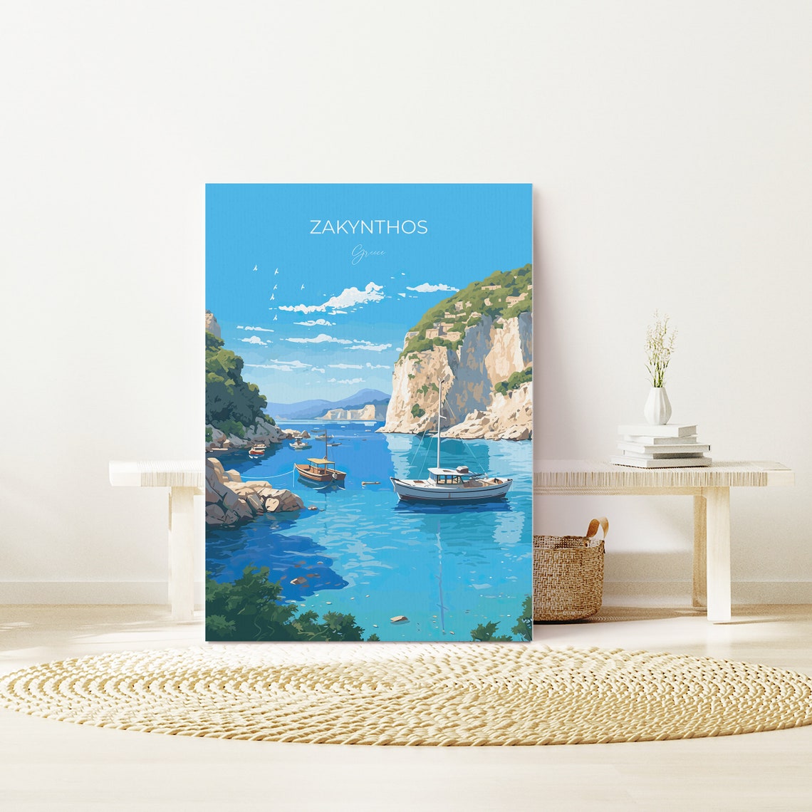 Zakynthos Greece Turquoise Harbor Boats Cliff View Travel Poster - Image 3