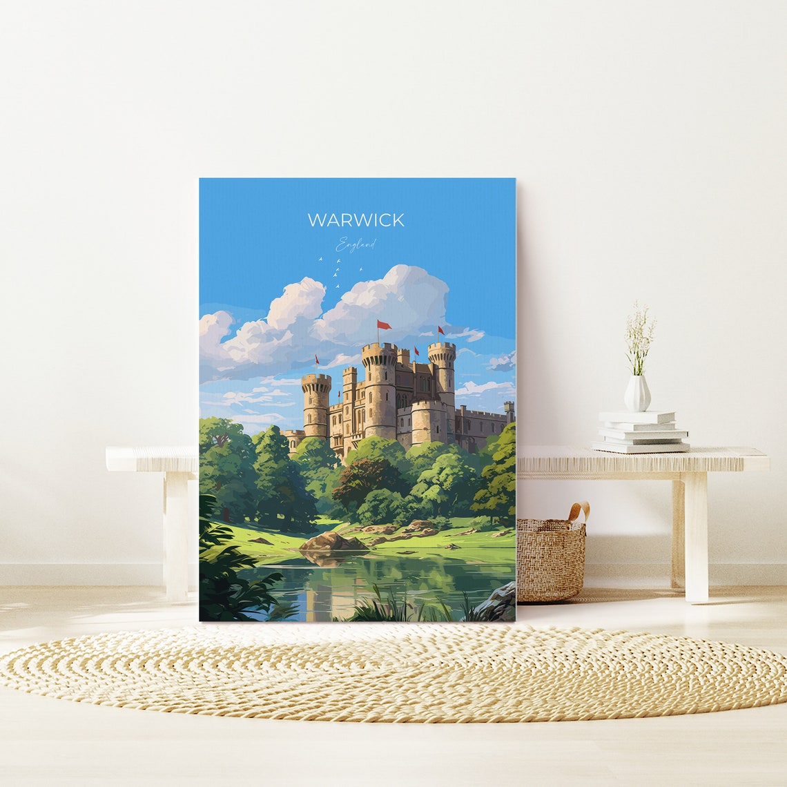 Warwick England Castle Towers Riverside Green Trees Travel Poster - Image 3