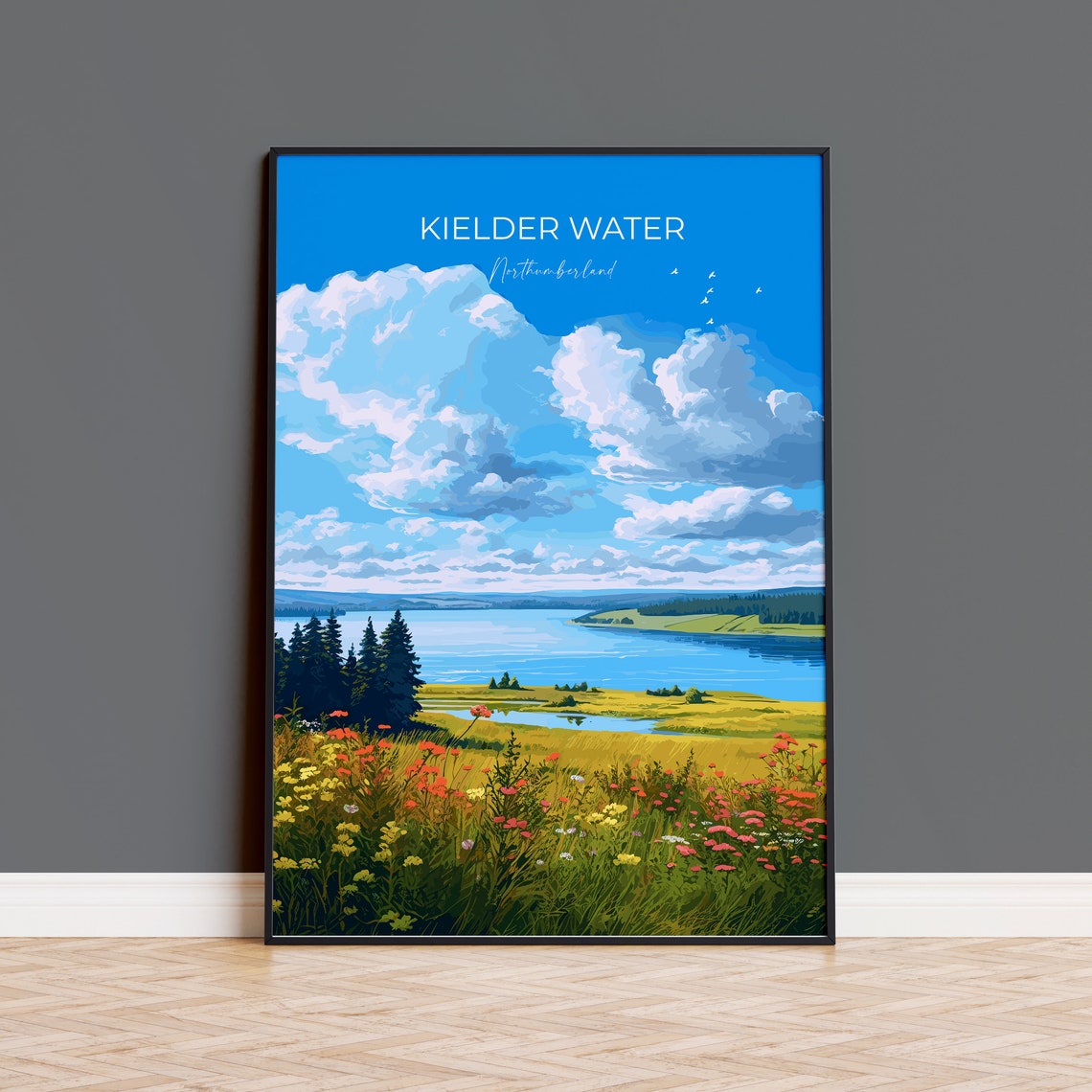 Kielder Water Northumberland Lake Pines Sky Scene Travel Poster