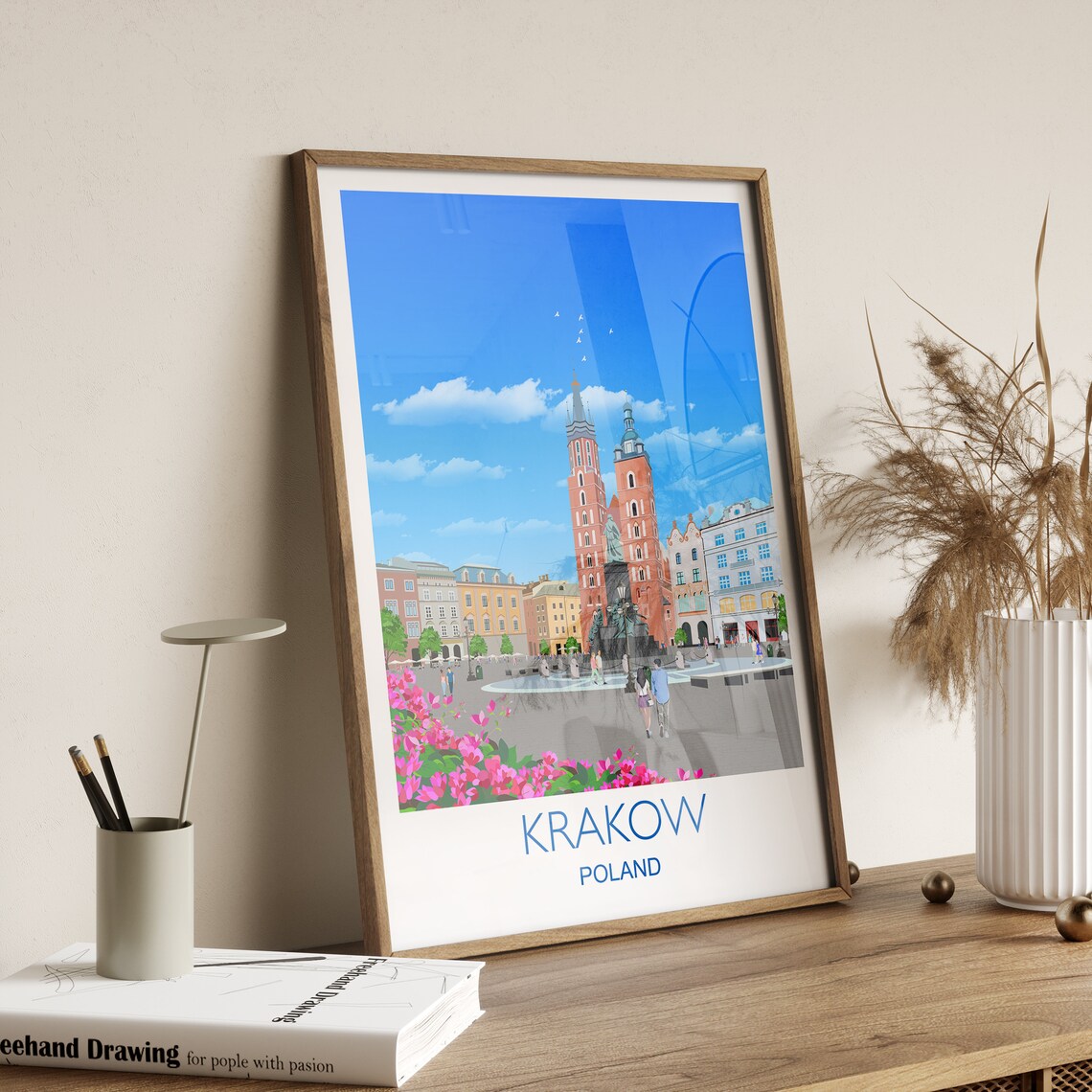 Krakow Poland Historic Square Church Towers City Skyline Art Poster - Image 3