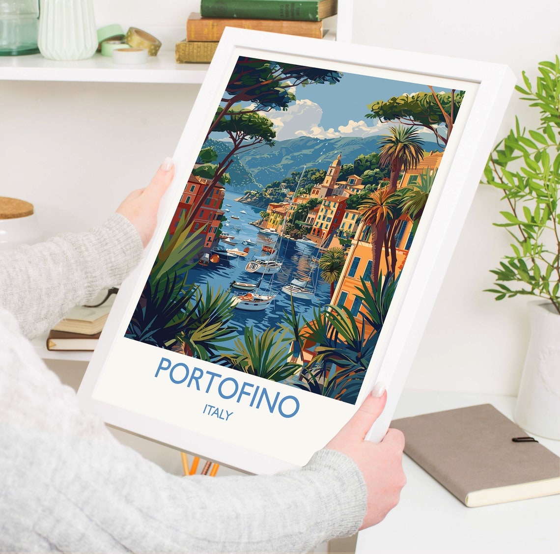 Portofino Italy Yachts in Harbor Palm Trees Village Travel Poster - Image 3