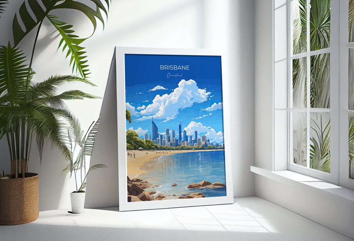 Brisbane Queensland Skyline Over Blue Water Bay Travel Poster - Image 3