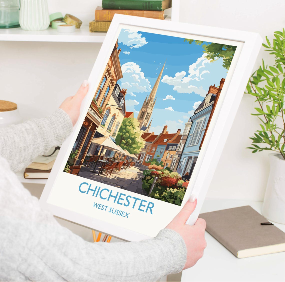 Chichester Cathedral Street Cafes Poster With White Border Art - Image 3
