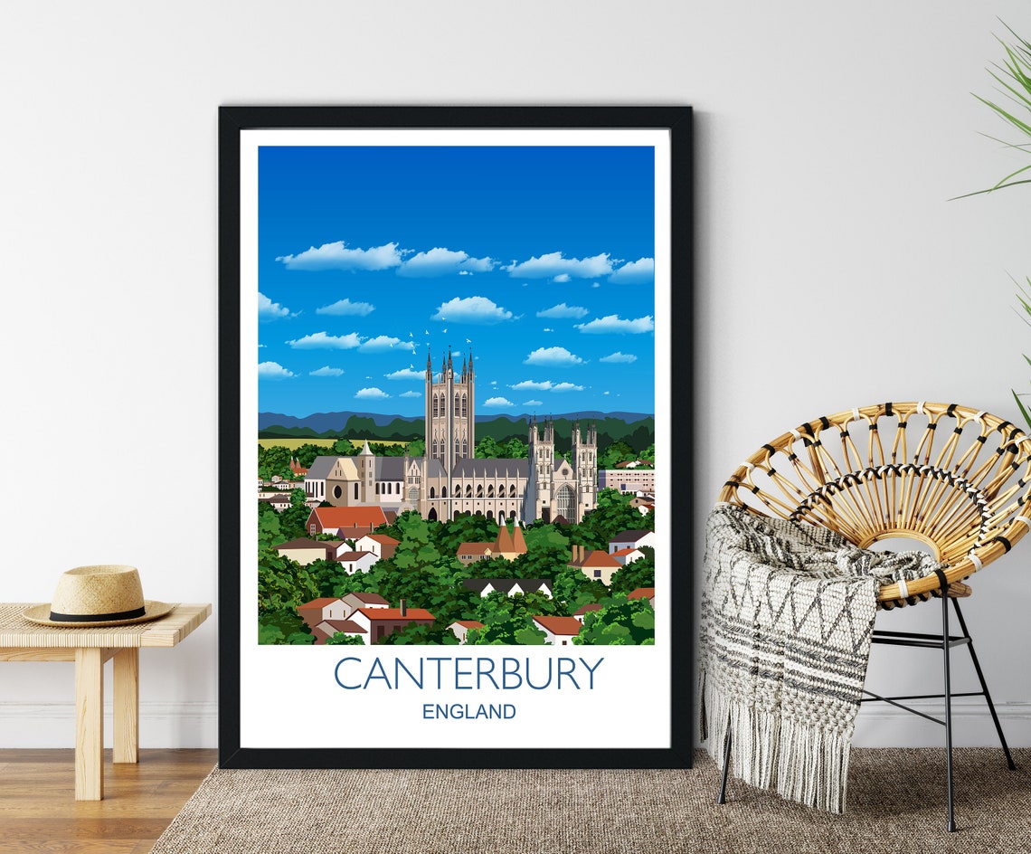 Canterbury England Cathedral Historic Town Skyline Travel Poster