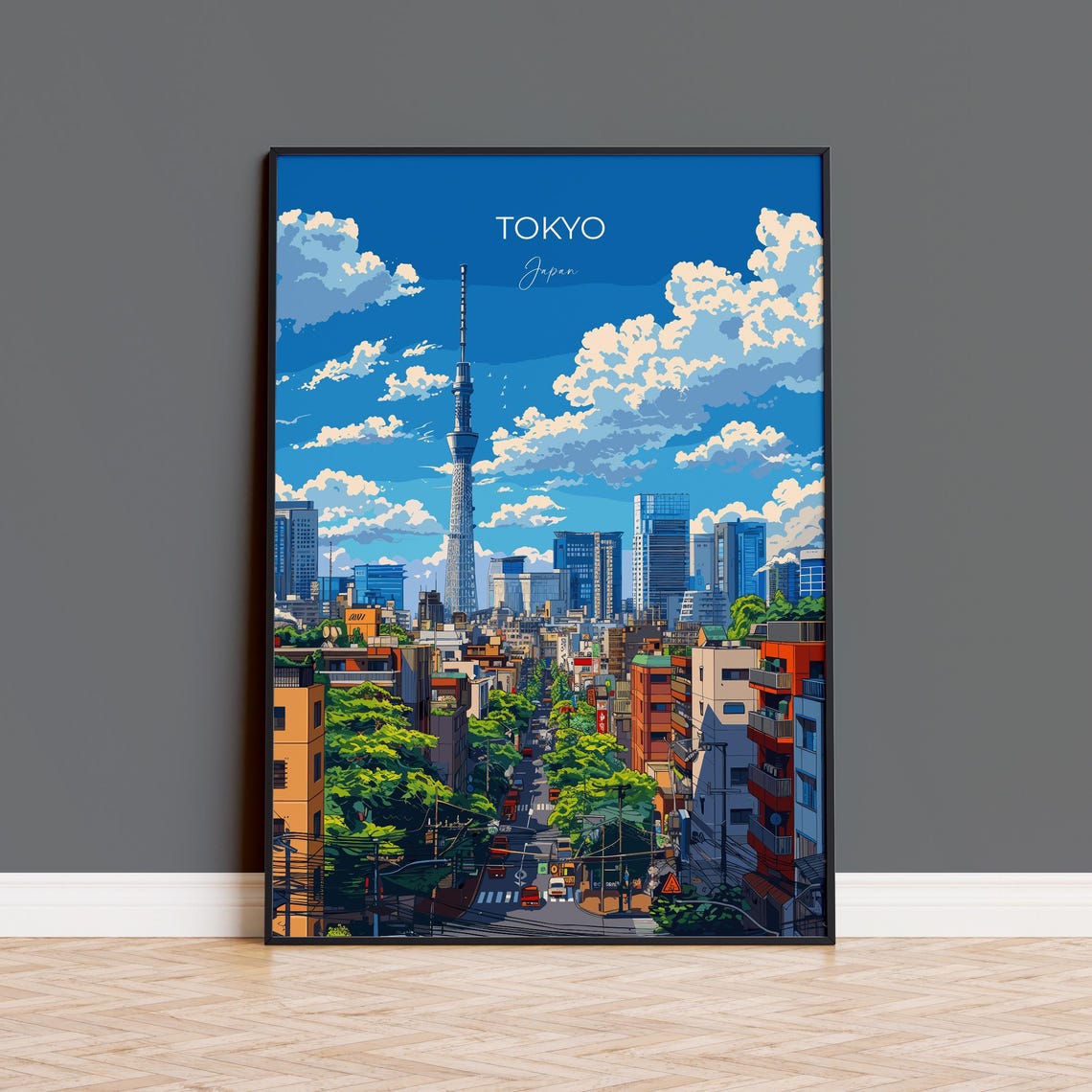 Tokyo Skytree Daytime Cityscape Japan Script Title Travel Poster