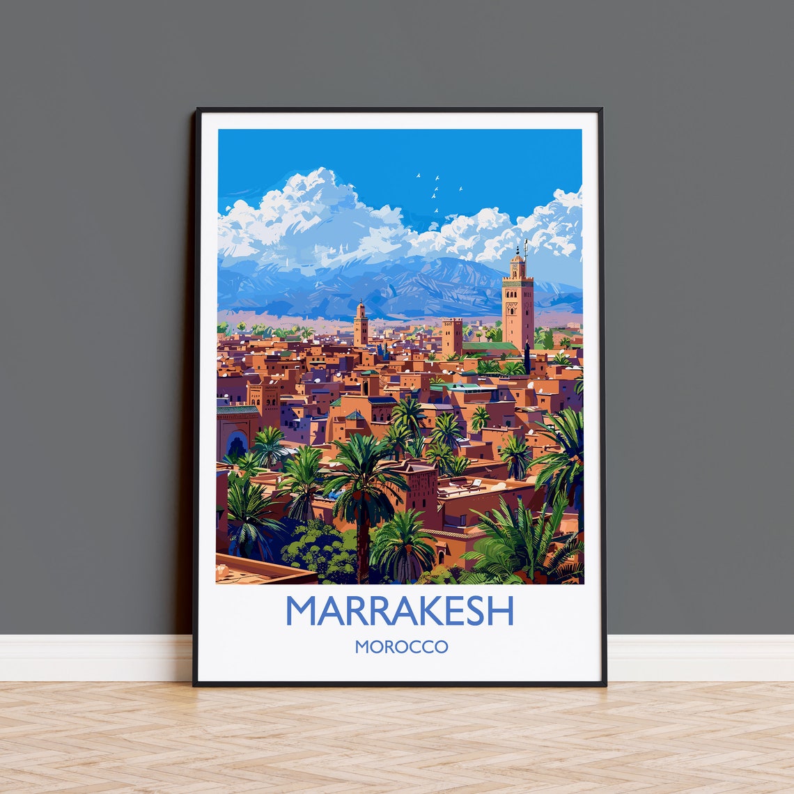 Marrakesh Morocco Medina Minaret Blue Sky White Border Travel Poster