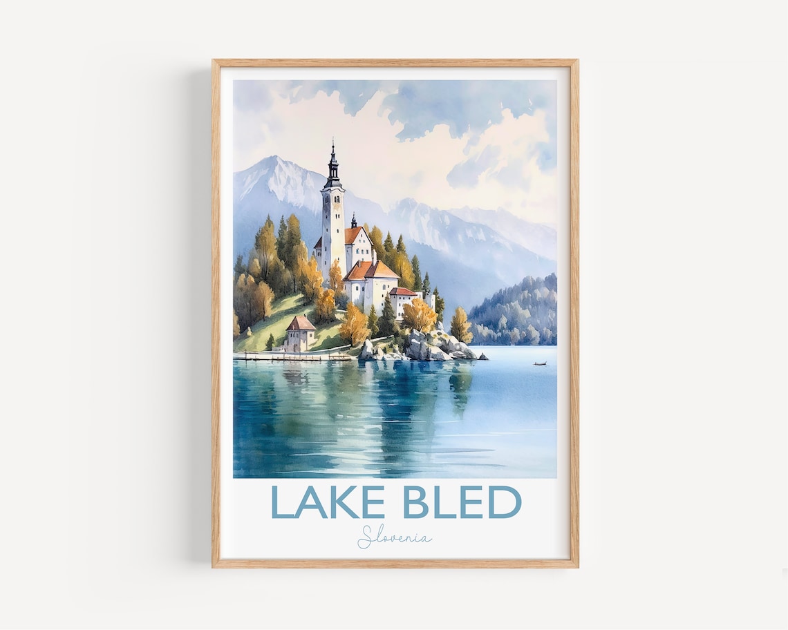 Lake Bled Slovenia Island Church Alpine Watercolor Art Poster