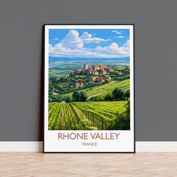 Rhone Valley France Vineyard Rows Hillside Village Art Poster
