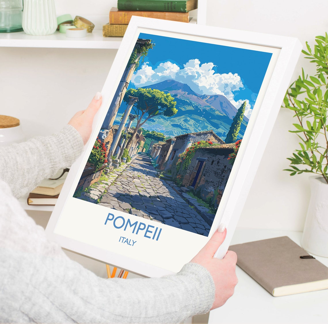 Pompeii Italy Cobblestone Street Columns Mount Vesuvius Travel Poster - Image 3