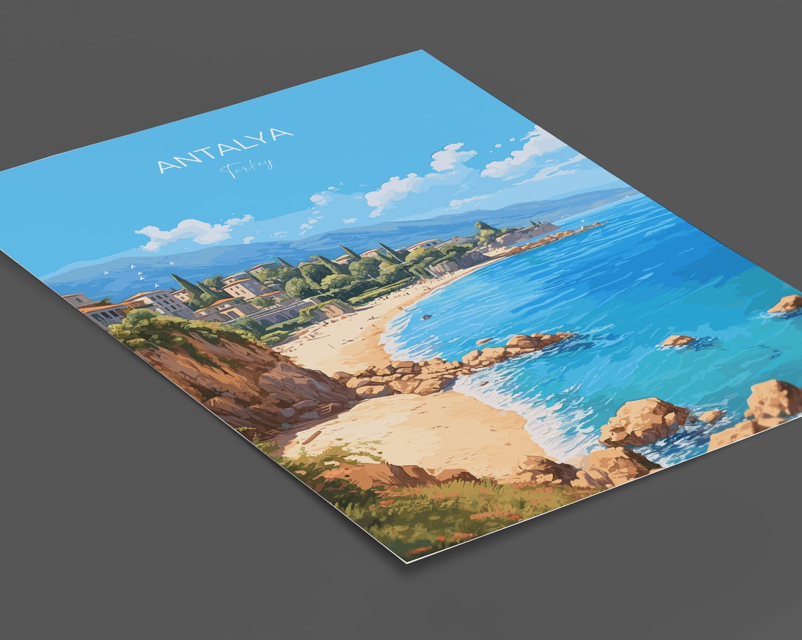 Antalya Turkey Cliffside Beach Sea Coast Scene Travel Poster - Image 2