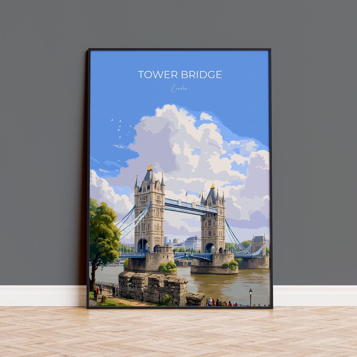 Tower Bridge London Blue Sky Top Lettered Grand Landmark Poster