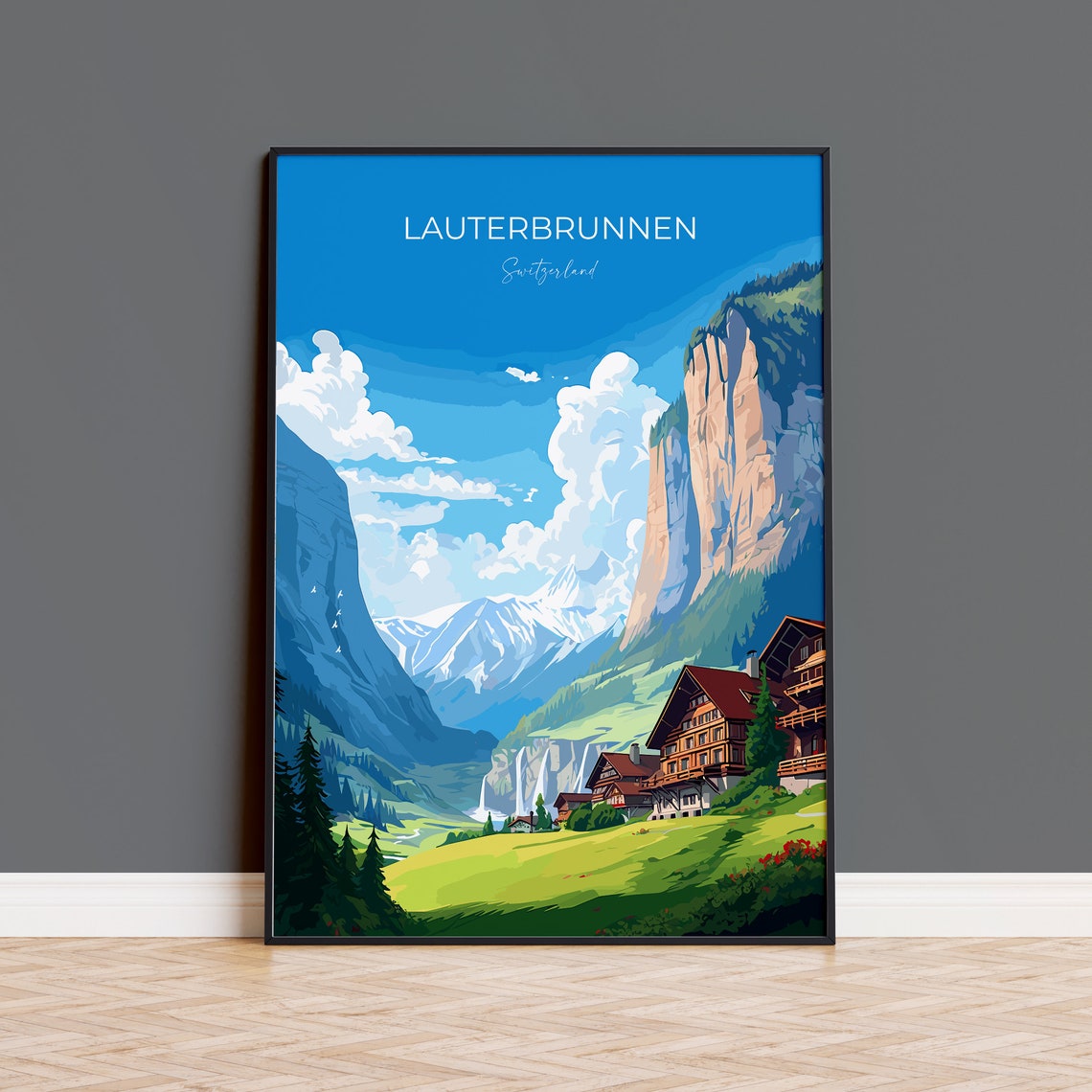 Lauterbrunnen Switzerland Waterfall Valley Chalets Travel Poster