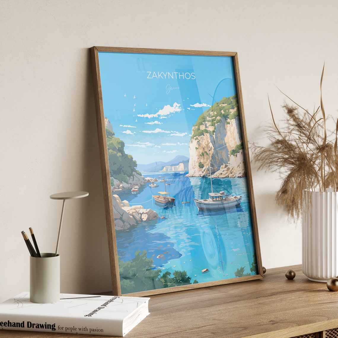 Zakynthos Greece Turquoise Harbor Boats Cliff View Travel Poster - Image 2