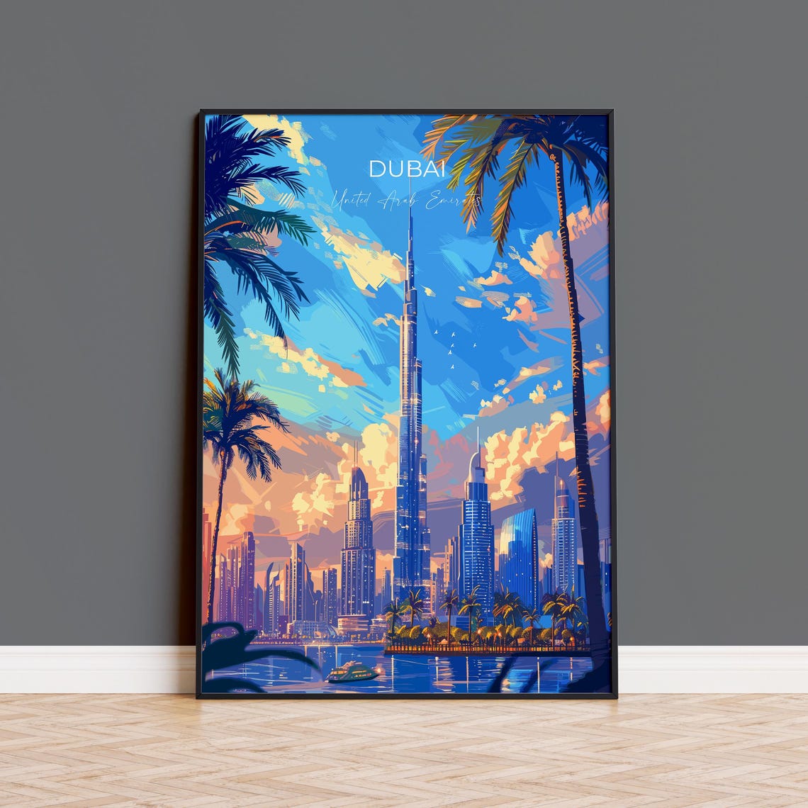 Dubai UAE Burj Khalifa Sunset Skyline Palm Trees Vintage Travel Poster