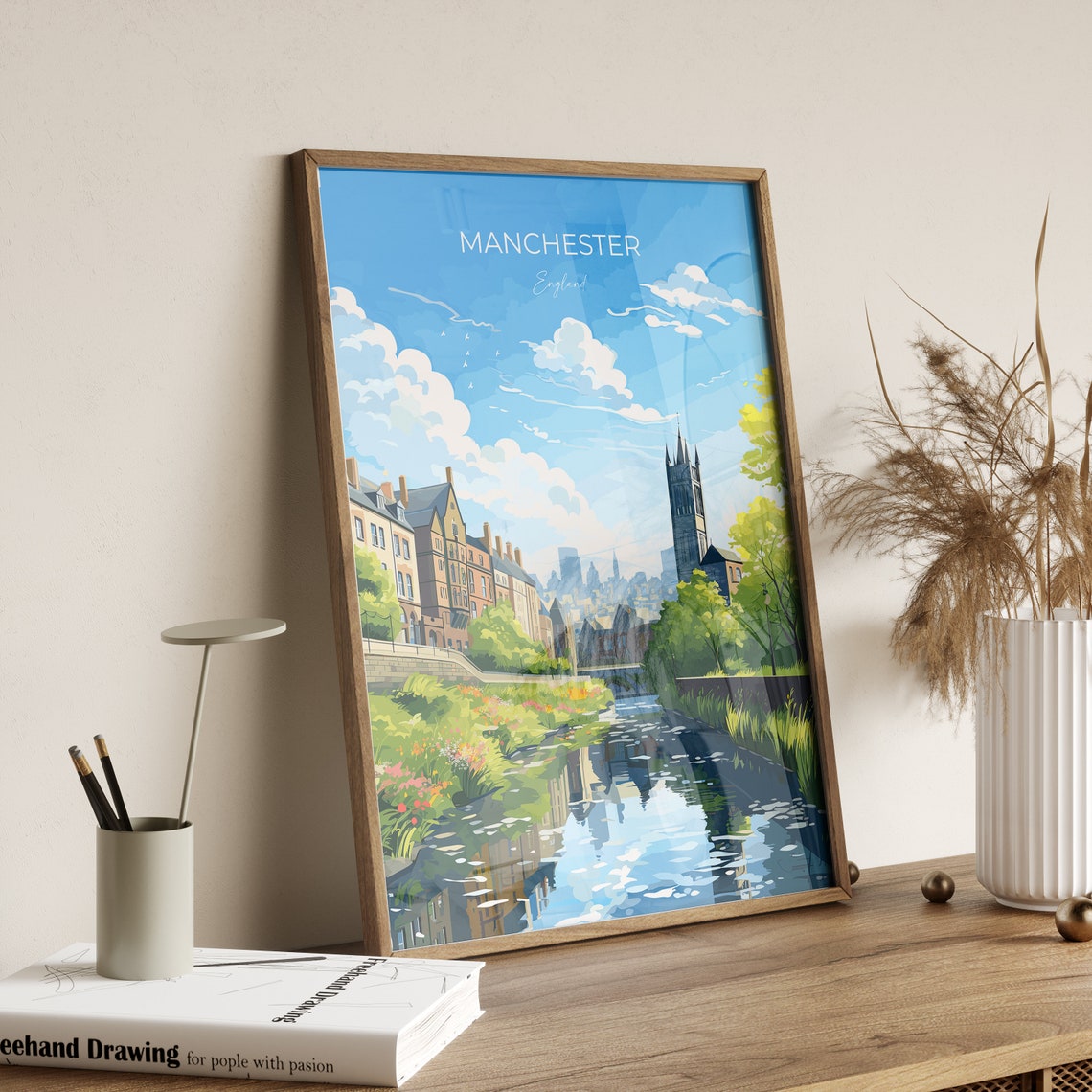 Manchester England Historic Canal District Cityscape Art Poster - Image 2