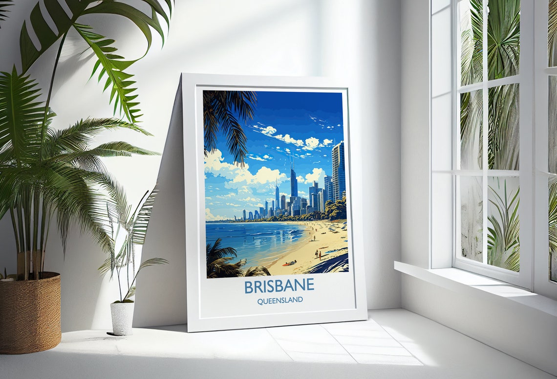 Brisbane Queensland Palm Framed Beach City Skyline Travel Poster - Image 3