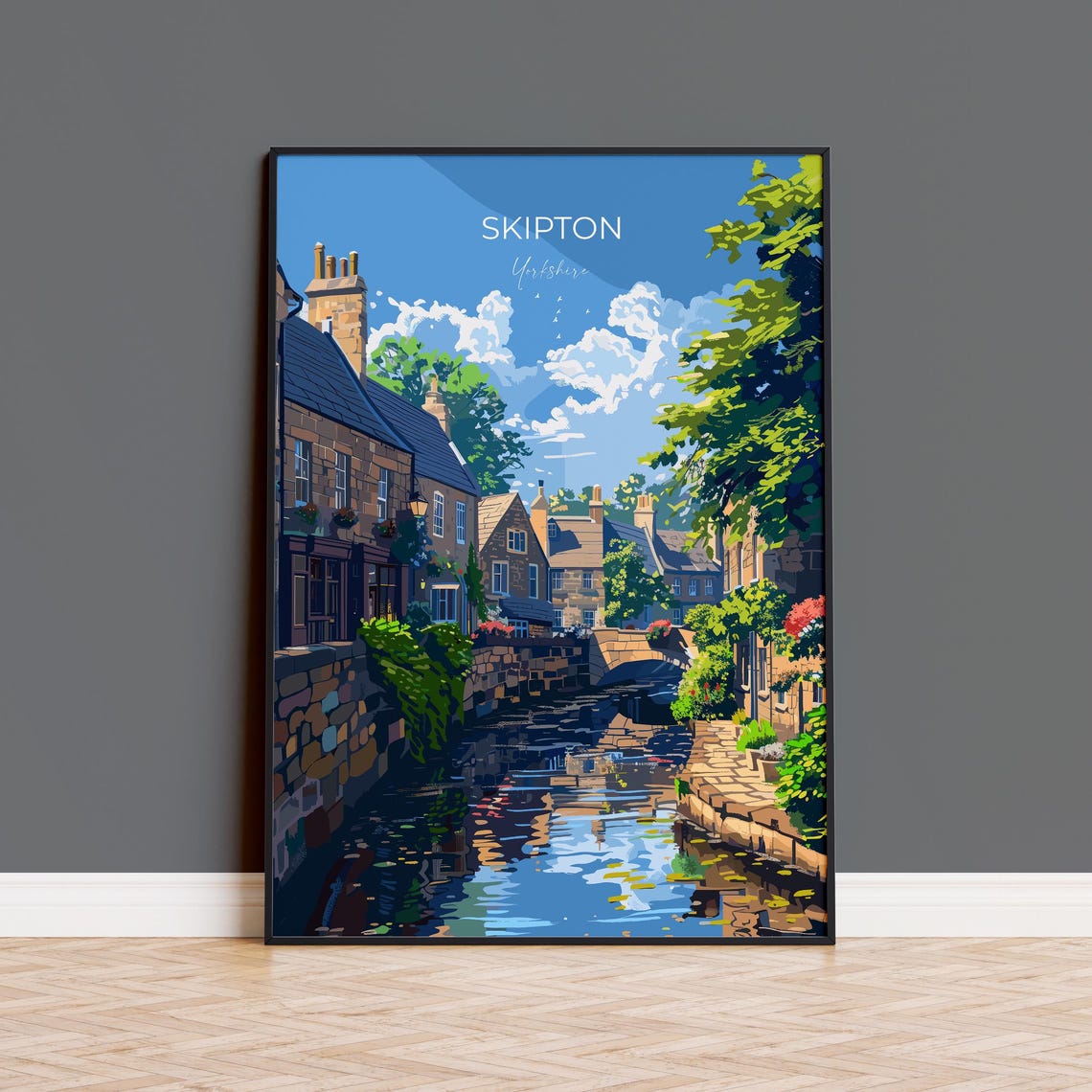 Skipton Yorkshire Waterside Cottages Canal Modern Travel Poster